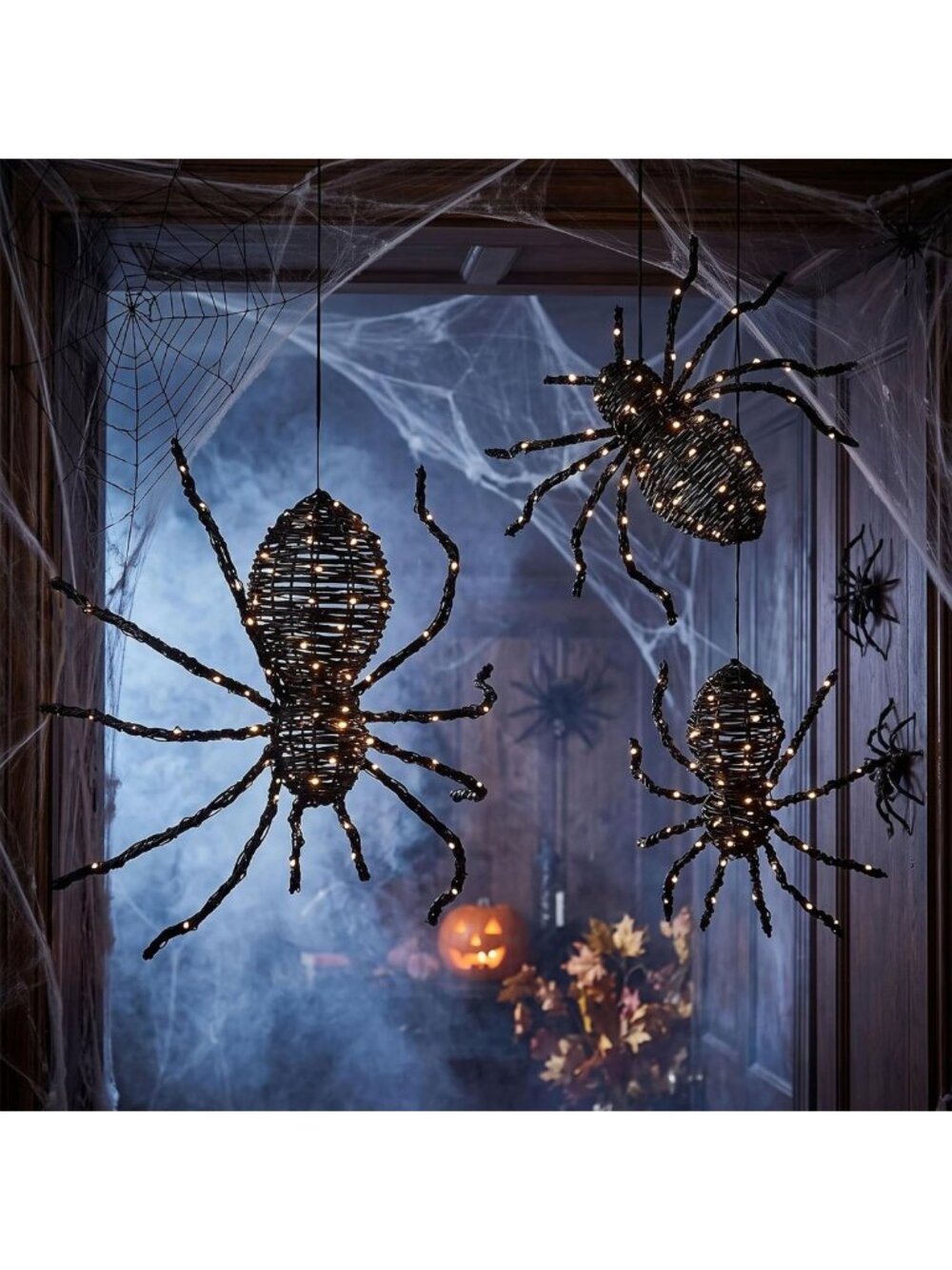 Set of 3 Light-Up Rattan Halloween Spiders - Hanging Decorations in 3 Sizes